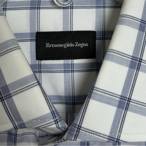 Ermenegildo Zegna Checkered Button Dress Shirt Size 42 Neck 16.5 Blue White - Picture 4 of 7